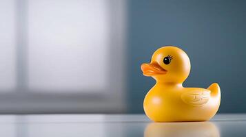 A vibrant yellow rubber duck positioned on a table, with soft natural light illuminating a serene room photo