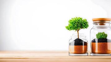 Two glass jars containing miniature trees with soil, set on a wooden surface in a bright background photo