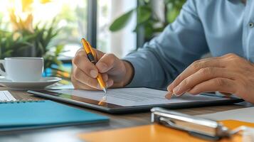 A person writing on a tablet at a desk with a cup of coffee and plants in the background photo