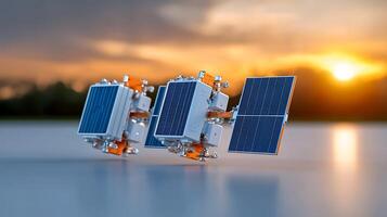 Solar panels with innovative design reflecting sunset, showcasing renewable energy technology photo