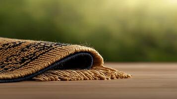 Close-up of a textured woven fabric draped over a wooden surface with a blurred green background photo