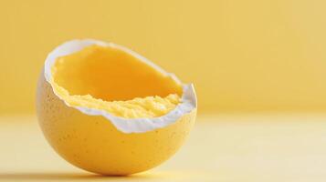 A close-up of a broken yellow eggshell on a soft yellow background, symbolizing freshness and new beginnings photo