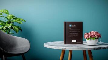 Modern interior scene featuring a book on a table with a plant and flowers in a cozy setting photo