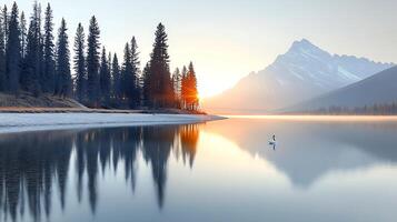Serene lake at dawn with a lone swan, surrounded by towering mountains and tranquil trees photo