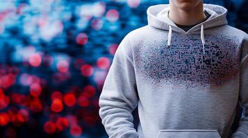 Young person wearing a stylish hoodie stands against a vibrant, blurred background of colorful lights photo