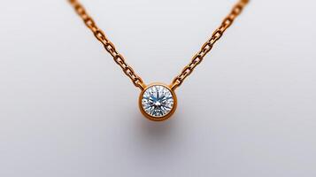 Close-up of a delicate gold necklace featuring a sparkling diamond pendant against a soft background photo
