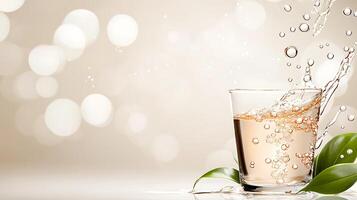 Refreshing beverage splashing in a glass with bubbles, surrounded by green leaves and soft background photo