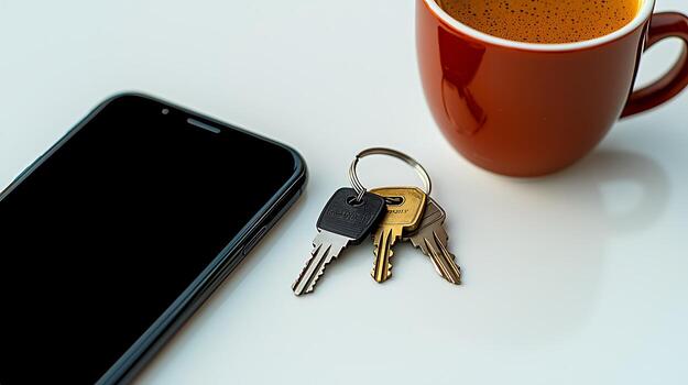 A close-up view of a smartphone, coffee cup, and a set of keys on a white table, with soft lighting photo