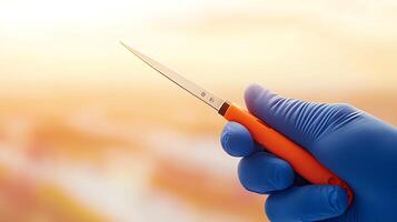A gloved hand holding a sharp knife against a warm, blurred sunset background, highlighting precision photo