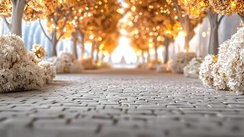 Serene pathway lined with glowing trees and soft floral arrangements in a tranquil setting photo