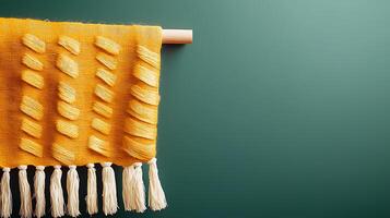 Vibrant yellow textile hanging on a wooden rod against a green backdrop, showcasing texture and design photo