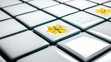 Close-up view of glossy tiles with a floral design, showcasing a vibrant pattern in a modern setting photo