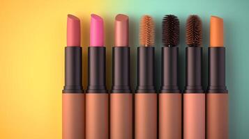 Vibrant collection of lip and brow cosmetics arranged neatly on a colorful gradient background photo