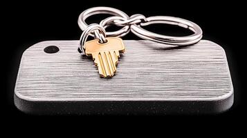 Close-up of a metallic keychain featuring a sleek tag and a golden key against a black background photo