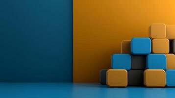 Colorful geometric blocks stacked against a vibrant background in a minimalist setting photo