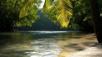 Serene river scene with lush greenery and palm leaves reflecting sunlight in the background photo