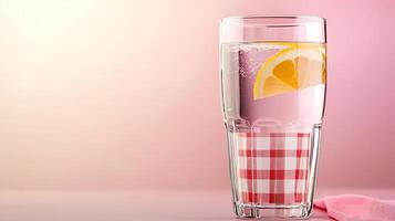 Refreshing glass of lemon water on a pink background with a checkered tablecloth photo