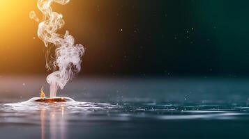 Serene water surface with rising steam and gentle ripples, illuminated by soft warm light photo