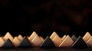A captivating arrangement of golden and black pyramids on a dark reflective surface, creating depth photo