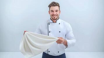 Smiling chef in a white uniform holding a cloth, set against a minimalist background photo