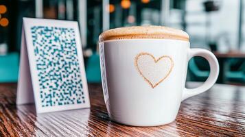 Coffee cup with heart design beside a QR code on a wooden table in a modern caf setting photo
