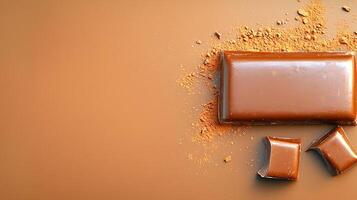 Smooth chocolate bar with pieces and cocoa powder on a warm, neutral background photo