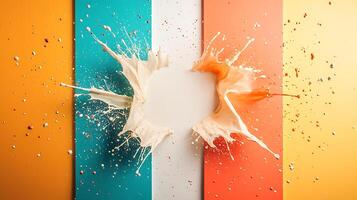 Colorful splash of milk against vibrant background with scattered particles and abstract design photo