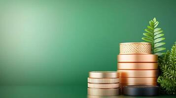 Stacked metallic containers with green foliage against a smooth green background, creating a serene composition photo