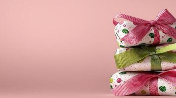 Three beautifully wrapped gift boxes with colorful ribbons on a soft pink background photo