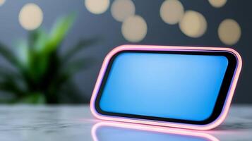 A glowing smartphone on a marble surface with blurred lights and greenery in the background photo