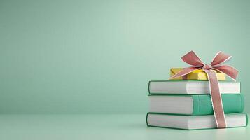 Stacked colorful books with a gift box and ribbon on a soft green background photo