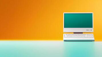 Retro computer setup on a vibrant gradient background, showcasing technology in a minimalist style photo