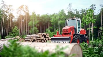 Heavy machinery working in a lush forest, stacking logs while trees surround the scene photo