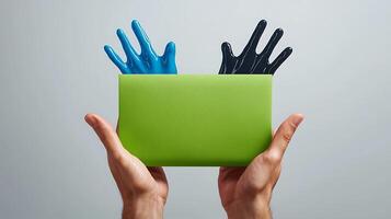 Hands emerging from a vibrant green envelope, showcasing creativity in a minimalist studio setting photo