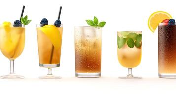 Refreshing assortment of colorful beverages with fruits and mint leaves on a bright background photo