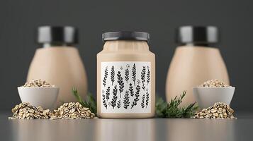 Jar of creamy oat spread surrounded by decorative bowls of oats and green herbs on a neutral backdrop photo