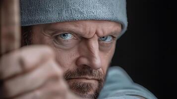 Intense close-up of a focused man aiming with a bow, showcasing determination in a dark setting photo