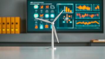 Miniature wind turbine model on a desk with data analytics display in the background photo