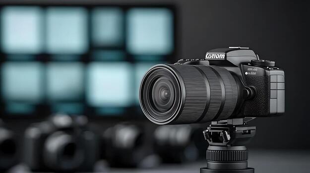 High-quality camera on tripod with blurred background of multiple cameras in a studio setting photo