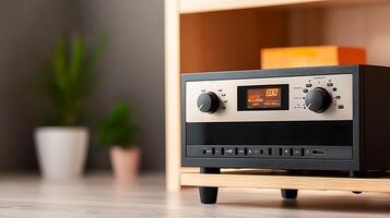 Modern audio receiver on a wooden shelf with a plant in the background and soft lighting photo