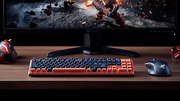 Gaming setup featuring a vibrant keyboard and mouse on a wooden desk with an action-packed monitor backdrop photo