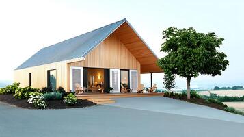 Modern wooden house with a porch, surrounded by greenery and scenic landscape in the background photo