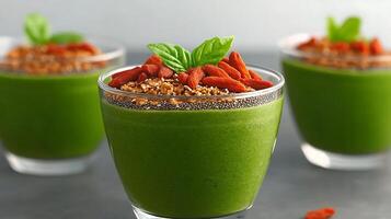 Refreshing green smoothie bowls topped with goji berries and seeds, set against a neutral background photo