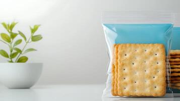 Packaged crackers displayed on a clean surface with a plant in the background, ideal for food photography photo
