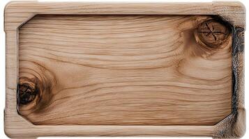 Rustic wooden cutting board with natural grain patterns and knots, ideal for culinary presentations photo