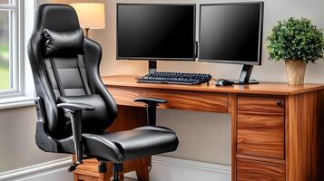 Modern home office setup featuring a sleek ergonomic chair and dual monitors on a wooden desk photo