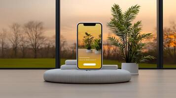 Modern smartphone displaying a plant care app in a serene interior with sunset view outside photo