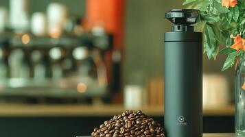 Sleek coffee tumbler beside a mound of coffee beans in a cozy caf setting photo