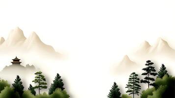 Serene landscape featuring mountains, lush trees, and a traditional pagoda in misty ambiance photo