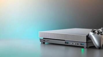 Modern gaming console with controller on a sleek surface, showcasing minimalist design and lighting photo